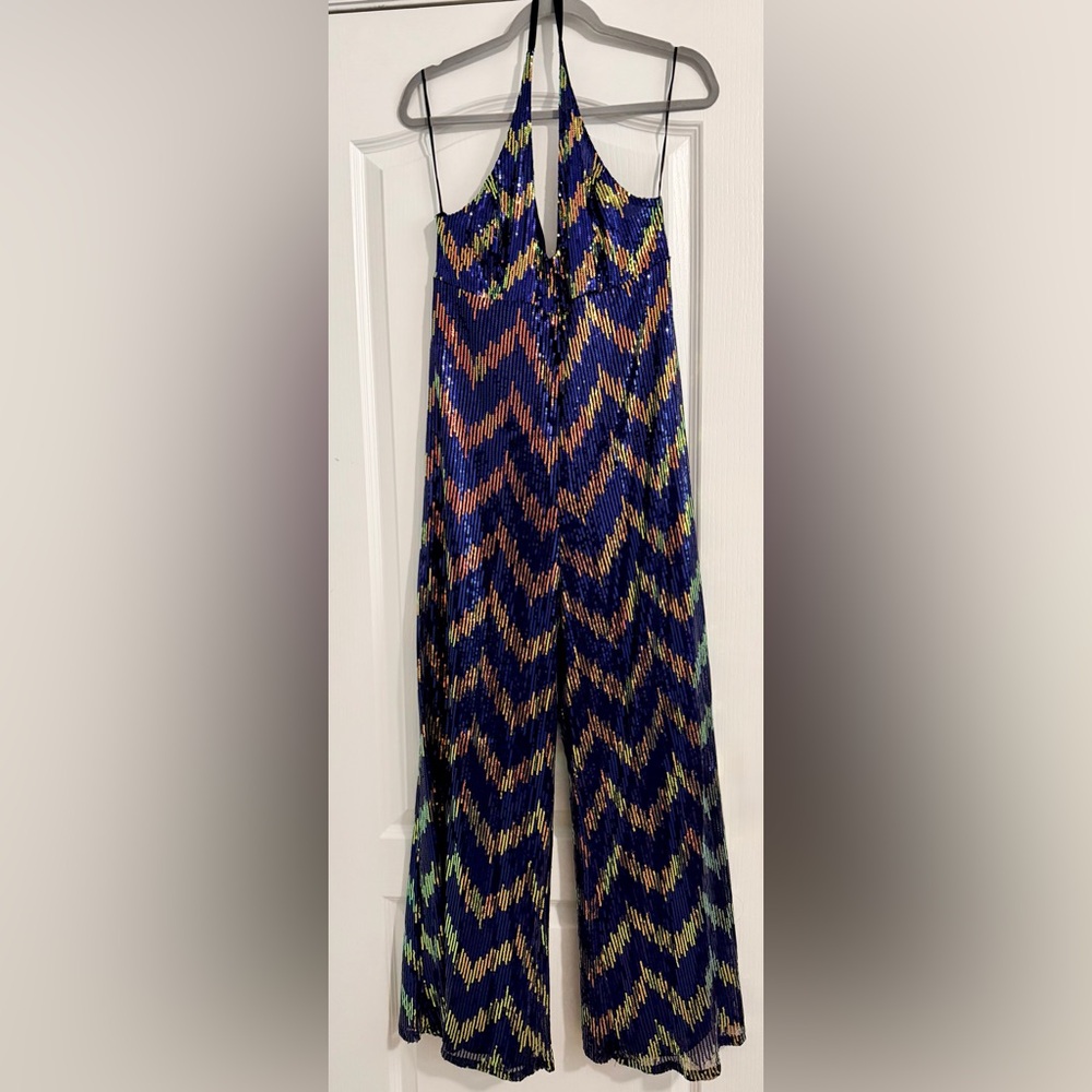 Oak & Trellis Sequin Chevron Wide-Leg jumpsuit- Navy with Metallic Accents